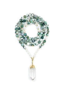 Tree Agate, Moonstone Mala Necklace in Clear Quartz Pendant Point