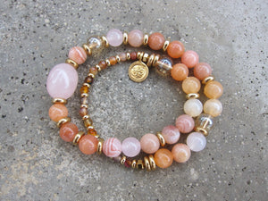Sunstone, Pink Rose Quartz, Pink Moroccan Agate Mala Bracelet in 27 Beads w/ 24 Gold Filled OM Charm
