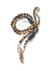 Tiger Eye Mala Necklace in Smoky Quartz Double Terminated Pendant Point