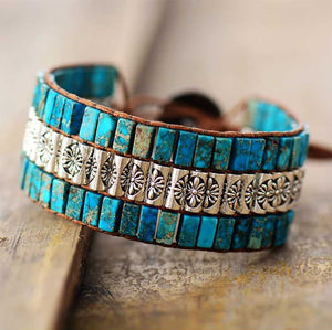 Turquoise and tibetan silver cuff beaded wrap bracelet 