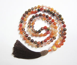 108 Beads in Orange Carnelian, Smoky Quartz, Aura Quartz, Peach Moonstone Mala Necklace