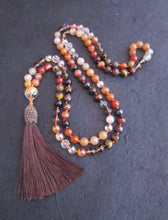 108 Beads in Orange Carnelian, Smoky Quartz, Aura Quartz, Peach Moonstone Mala Necklace