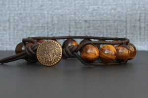 Tiger Eye Single Wrap Bracelet on Brown/Black Leather