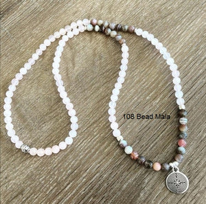 SALE - 54 Bead Mala Necklace in Rose Quartz and Botswana Agate with Labyrinth Charm