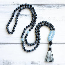 SALE - Aquamarine, Snowflake Obsidian Mala Necklace