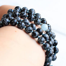 SALE - Aquamarine, Snowflake Obsidian Mala Necklace