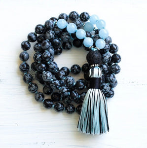 SALE - Aquamarine, Snowflake Obsidian Mala Necklace