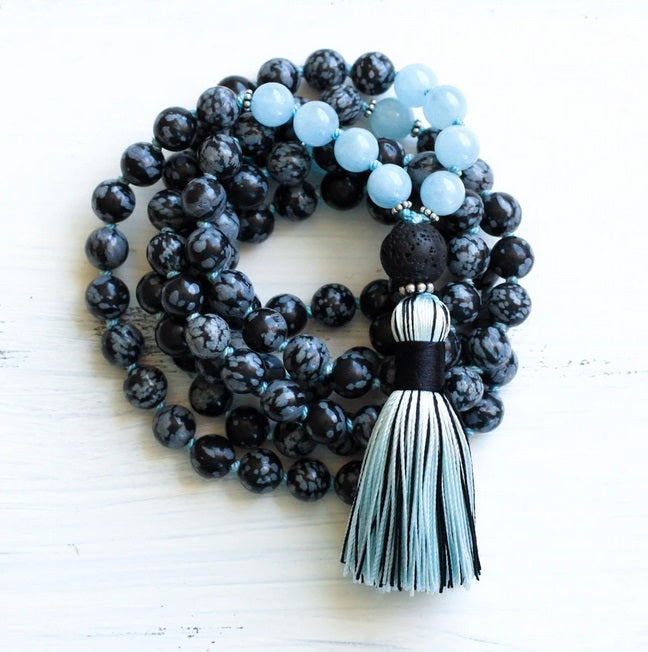 SALE - Aquamarine, Snowflake Obsidian Mala Necklace