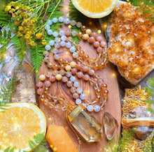 Golden Citrus Mala in Citrine Quartz, Sunstone with matching Quartz Point Pendant