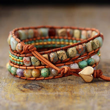 3X Wrap Bracelet - Seed Bead, Jasper Mix Beaded Wrap Leather Bracelet