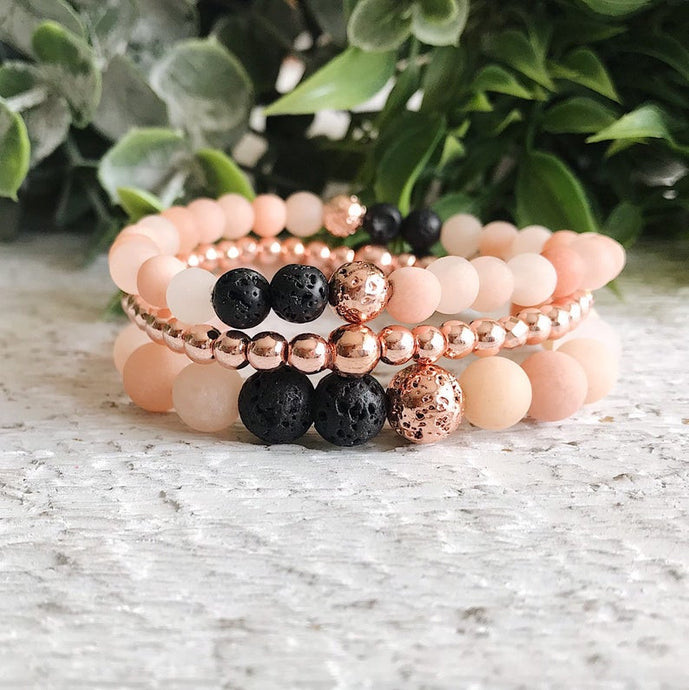 Set of 3 - Blush Aventurine, Rose Gold Lava Bead Bracelets