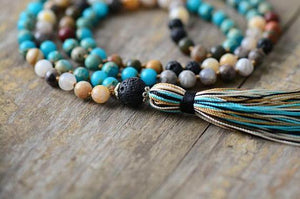 7 Stone Imperial Jasper Lava Mala Beaded Tassel Necklace - yogisnista