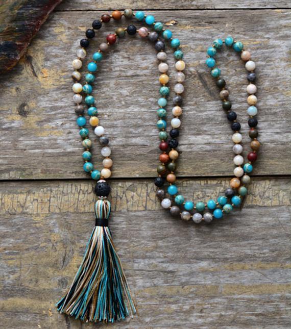 7 Stone Imperial Jasper Lava Mala Beaded Tassel Necklace - yogisnista