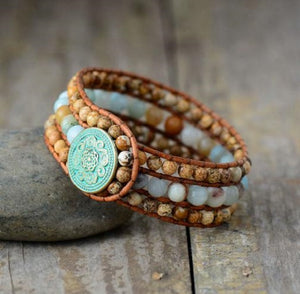 Jasper Amazonite Mix Leather Cuff Beaded Bracelet