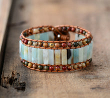 Amazonite Leather 3X Row Cuff Bracelet