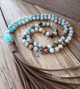 SALE - Natural Amazonite Boho Leather Tassel Necklace