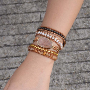 Natural Peach Delight Gold Gilded Stone Beaded Wrap Bracelet