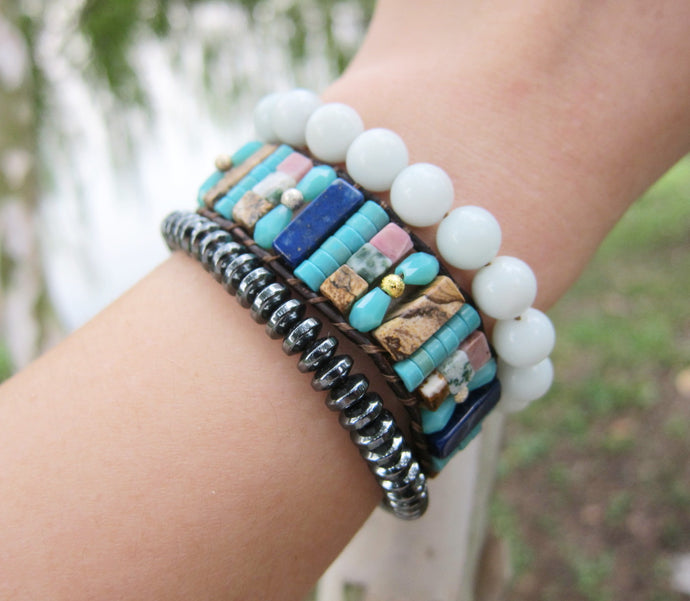 SALE - Turquoise Blue Semi Precious Stones Mix Cuff Leather Bracelet