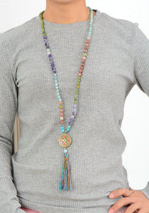 Long Colorful Mala with Tibetan Center Bead Tassel Necklace - yogisnista