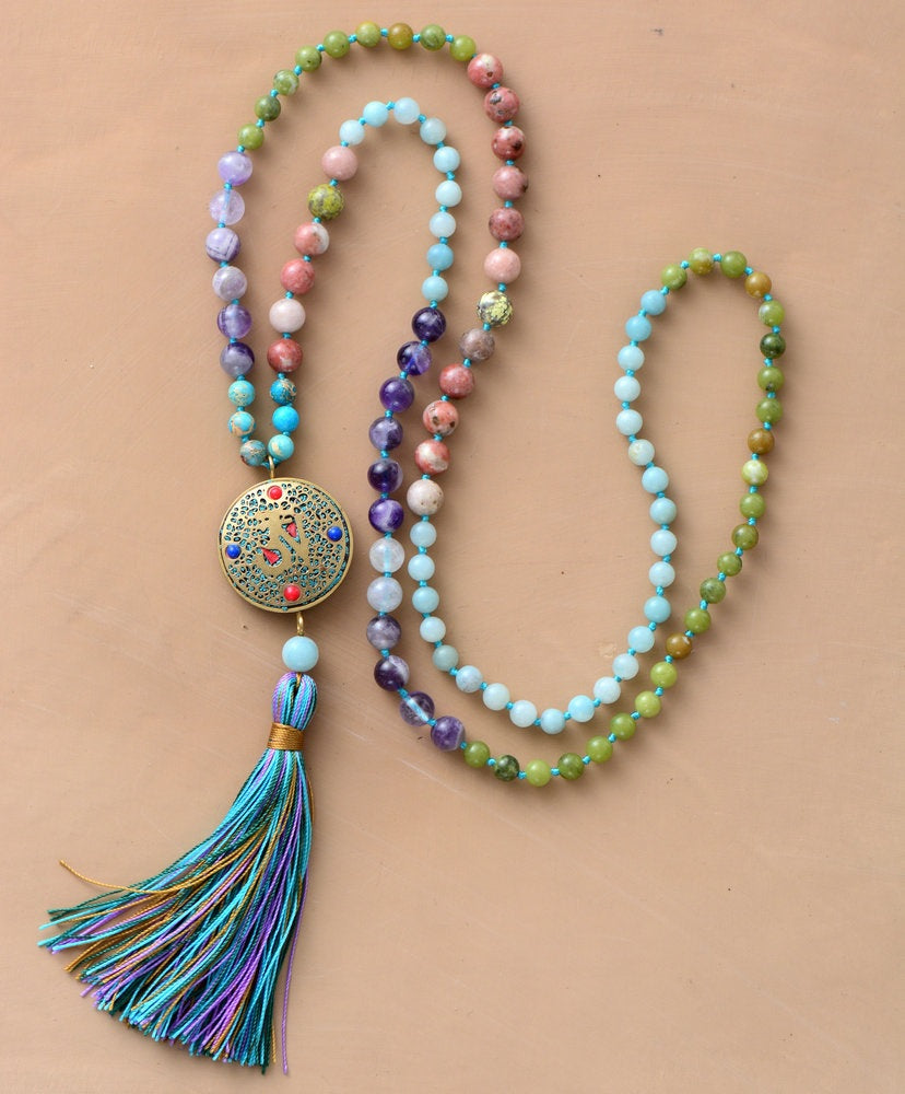 Long Colorful Mala with Tibetan Center Bead Tassel Necklace - yogisnista