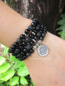 108 Bead Mala Bracelet, Black Onyx, Black Lava, Lotus Mala Necklace for Him/Her