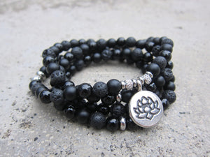 Unisex 108 Bead Mala in Black Onyx, Black Lava, Lotus Mala Necklace/Bracelet