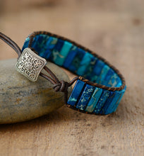 Blue Jasper Tube Stone Leather Cuff Bracelet - yogisnista