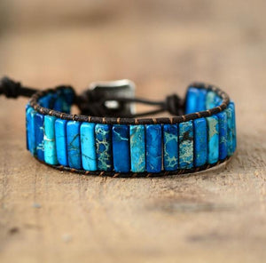 Blue Jasper Tube Stone Leather Cuff Bracelet - yogisnista