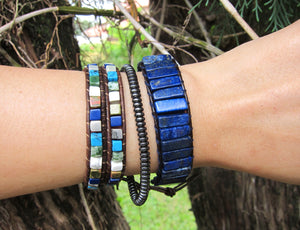 lapis lazuli tube stone wrap bracelet for him or her