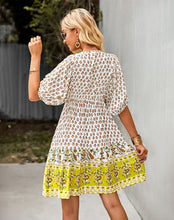 2023 Bohemian Mustard Yellow Floral Print Puffed Sleeve Dress (Size S to XL) available in 3 colors