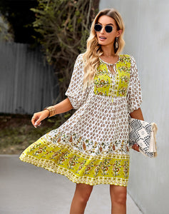2023 Bohemian Mustard Yellow Floral Print Puffed Sleeve Dress (Size S to XL) available in 3 colors