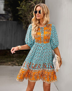 2023 Bohemian Dream Turquoise Floral Print Tie Neck Puffed Sleeve Dress - Spring Collection
