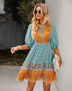 2023 Bohemian Dream Turquoise Floral Print Tie Neck Puffed Sleeve Dress