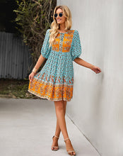 Bohemian Dream Turquoise Floral Print Tie Neck Puffed Sleeve Dress