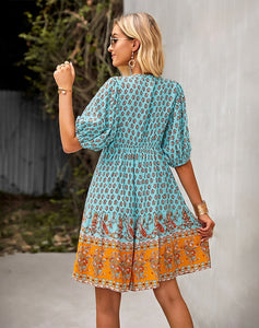 Bohemian Dream Turquoise Floral Print Tie Neck Puffed Sleeve Dress - Spring Collection