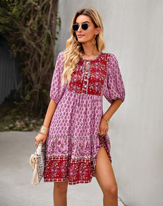 Bohemian Red Fuchsia Floral Puffed Sleeve Dress (Size S to XL)