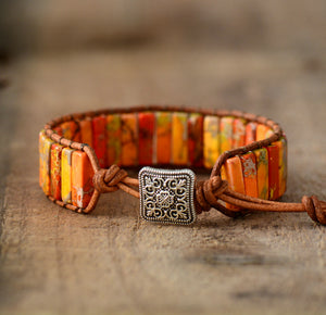 Bohemian Bright Orange Jasper Bracelet | Cuff Leather Bracelet - yogisnista