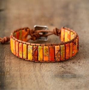 Bohemian Bright Orange Jasper Bracelet | Cuff Leather Bracelet - yogisnista