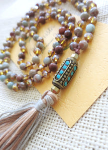 Jasper Crystal Mix Tassel Necklace with antique Tibetan Bohemian Bead - yogisnista