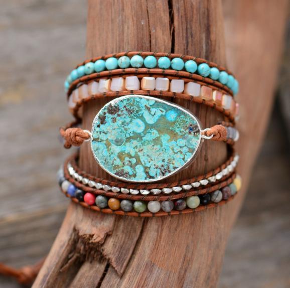 Azurea Aqua Sea Turquoise Gilded Jasper Stone Beaded Wrap Bracelet