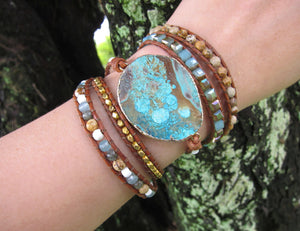 Azurea Aqua Sea Turquoise Gilded Jasper Stone Beaded Wrap Bracelet