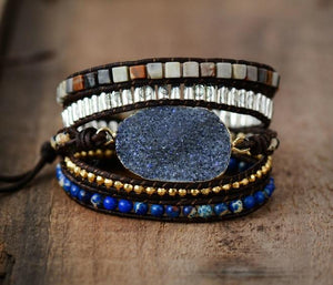 Natural Druzy Square Shaped stones Leather Wrap Bracelet - yogisnista