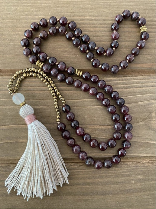 Red Wine Garnet Mala Tassel Necklace