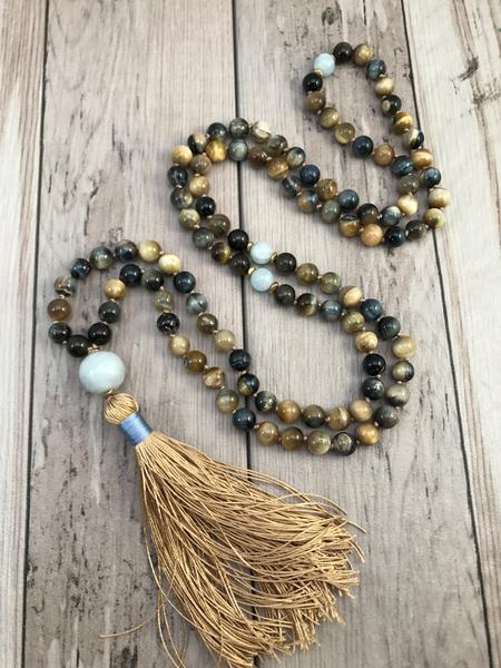 Blue & Yellow Honey Tigers Eye beads mala necklace