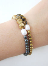 Tiger Eye, Jasper, MOP, Gunmetal Natural Stones Double Strand Bracelet