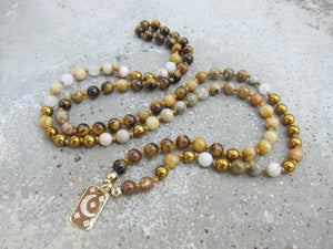 SALE - Tiger Eye, Cats Eye, Flower Agate, with Moon and Star Pendant Necklace