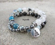 Rutilated Quartz, Silver Sheen Obsidian, Blue Apatite, Aquamarine, Aura Quartz in 27 Bead Mala Bracelet