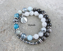 Rutilated Quartz, Silver Sheen Obsidian, Blue Apatite, Aquamarine, Aura Quartz in 27 Bead Mala Bracelet