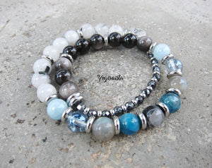 Rutilated Quartz, Silver Sheen Obsidian, Blue Apatite, Aquamarine, Aura Quartz in 27 Bead Mala Bracelet