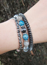 Rutilated Quartz, Silver Sheen Obsidian, Blue Apatite, Aquamarine, Aura Quartz in 27 Bead Mala Bracelet